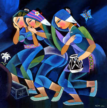 women arriving at the tomb, painting by He Qi